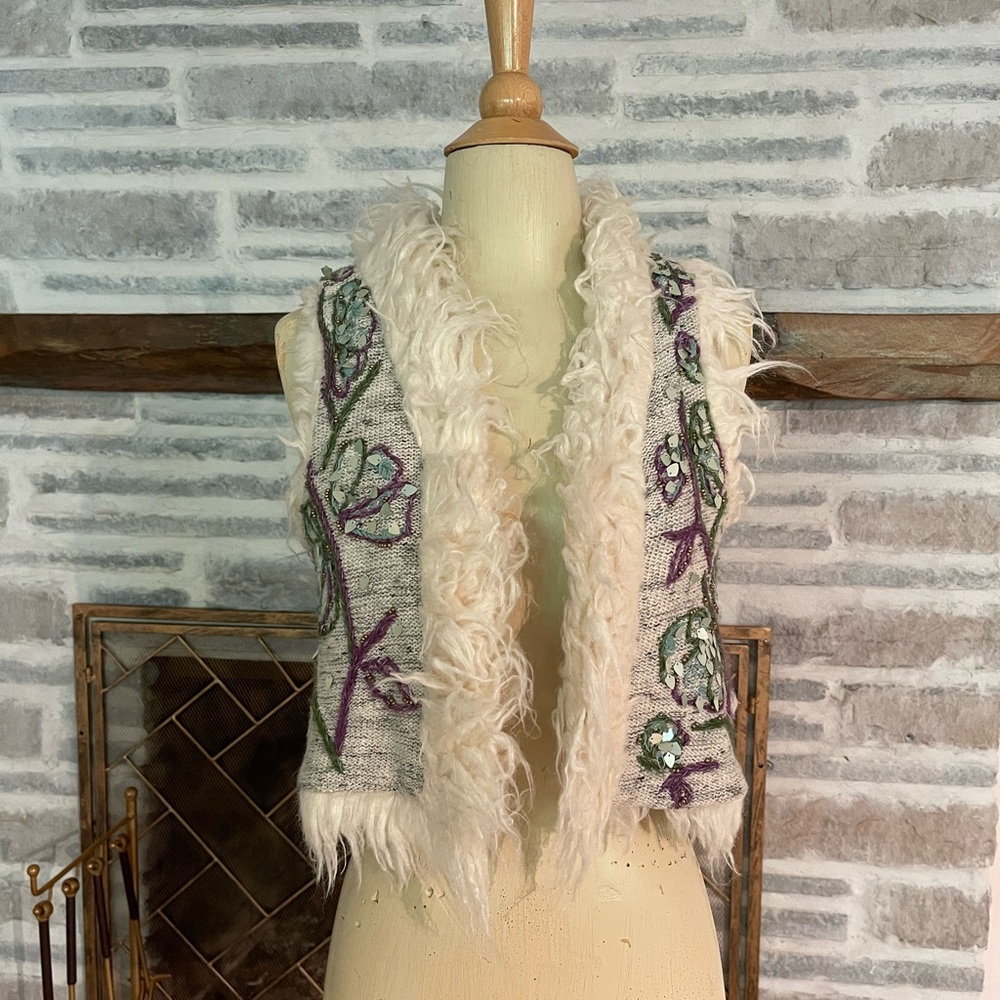 Floral Anthropologie Embroidered Faux Fur Vest